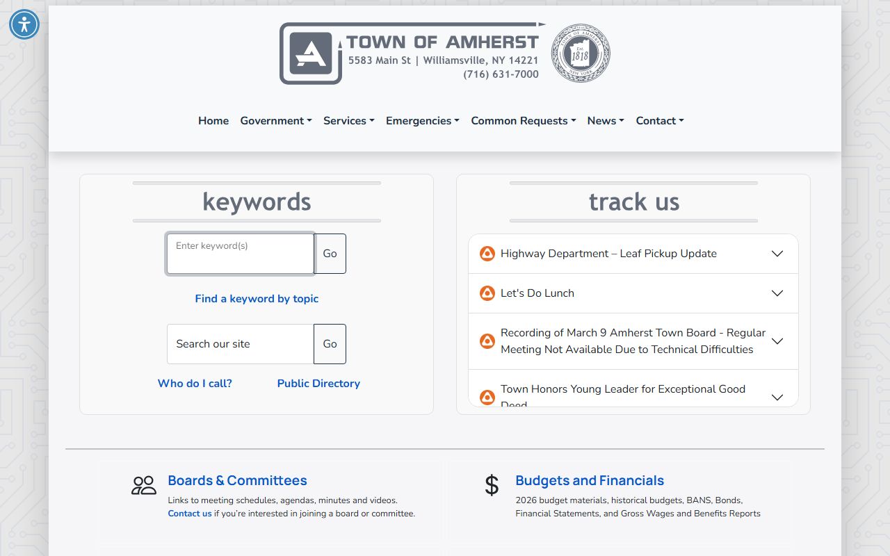 Amherst 24 hour booking town homepage with police department info