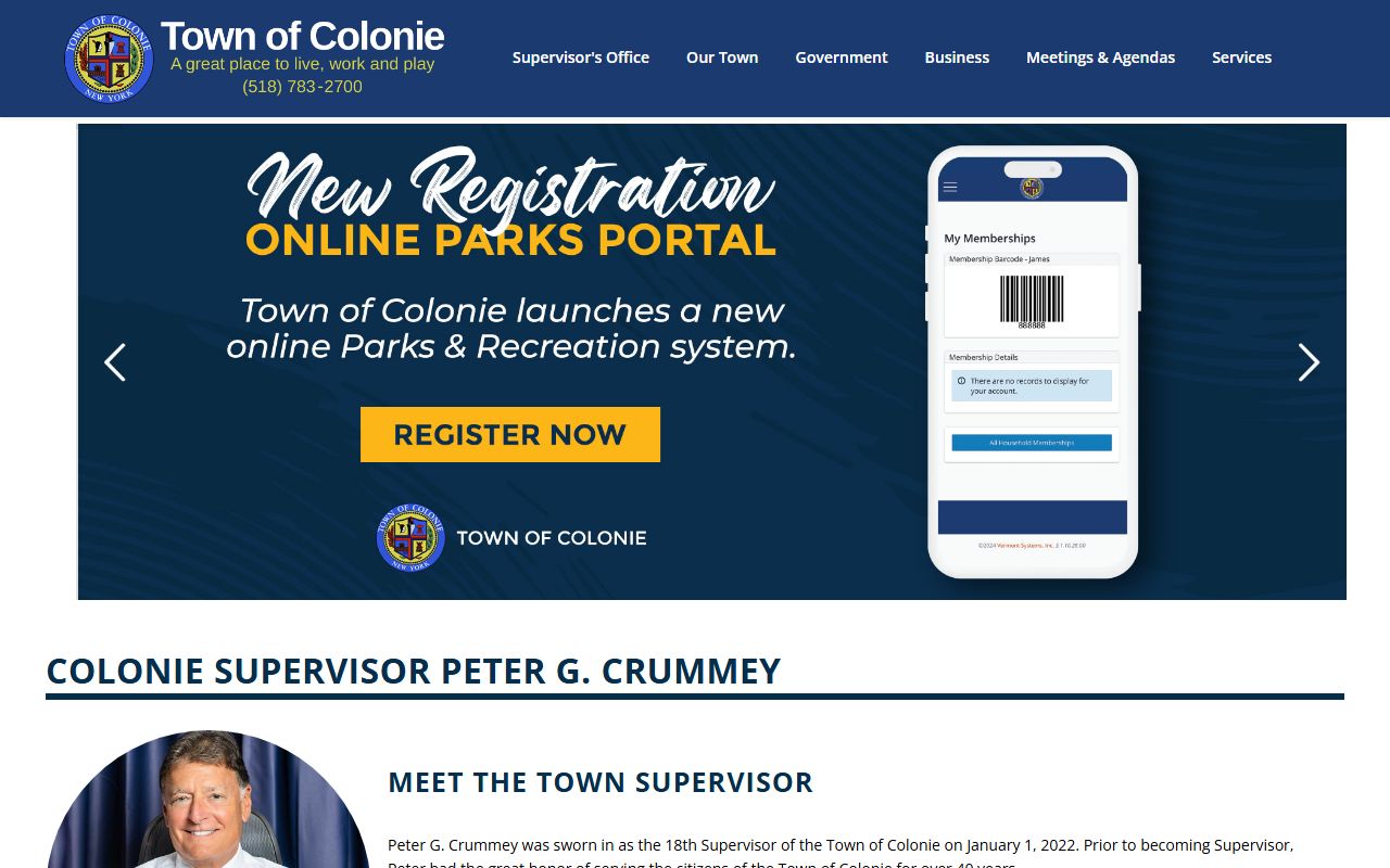 Colonie 24 hour booking town homepage showing department links