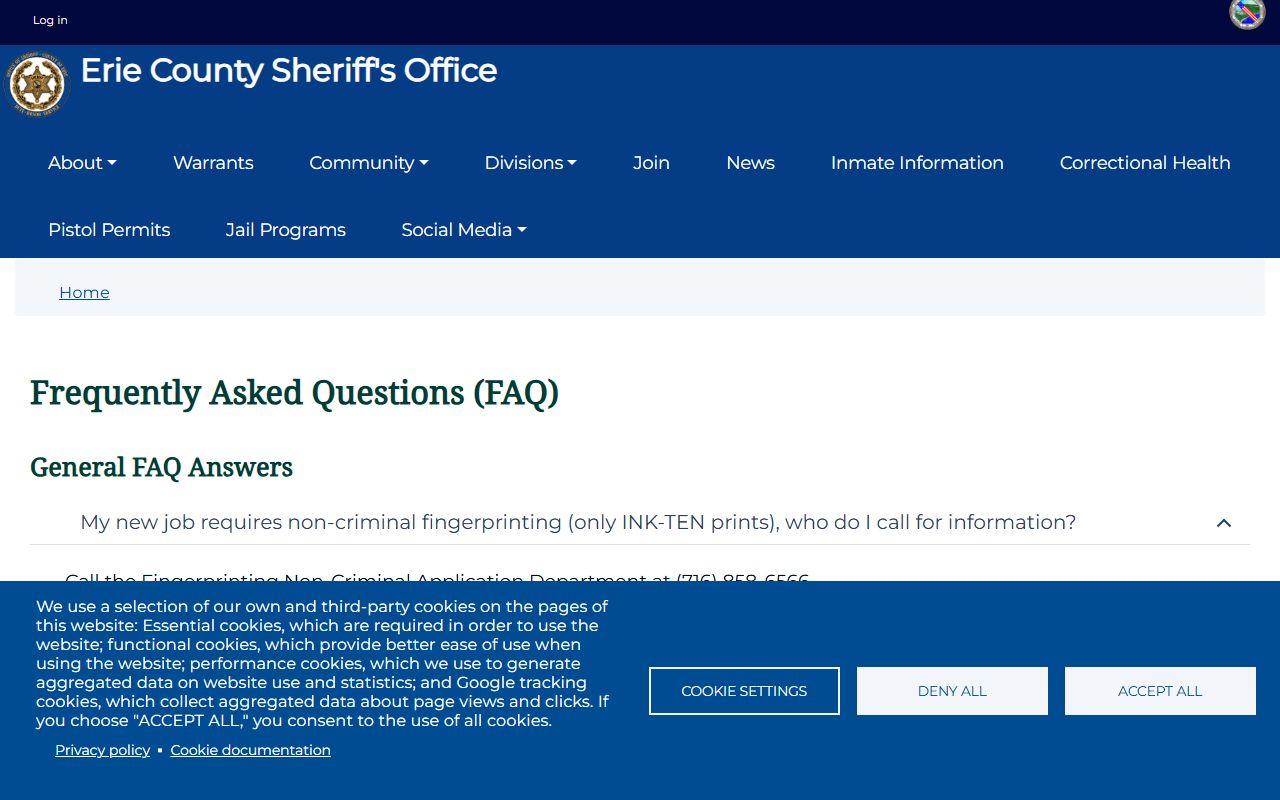 Erie County Sheriff FAQ page about 24 hour booking procedures