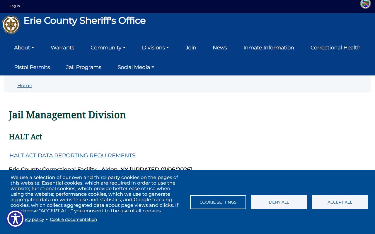 Erie County jail management division page for booking lookups