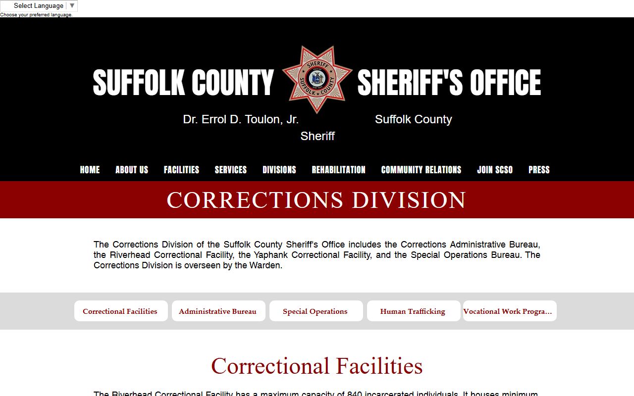 Suffolk County 24 hour booking corrections division webpage