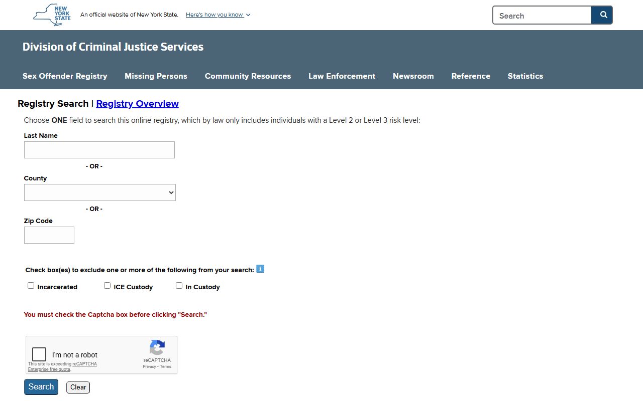 New York DCJS sex offender registry search for booking records